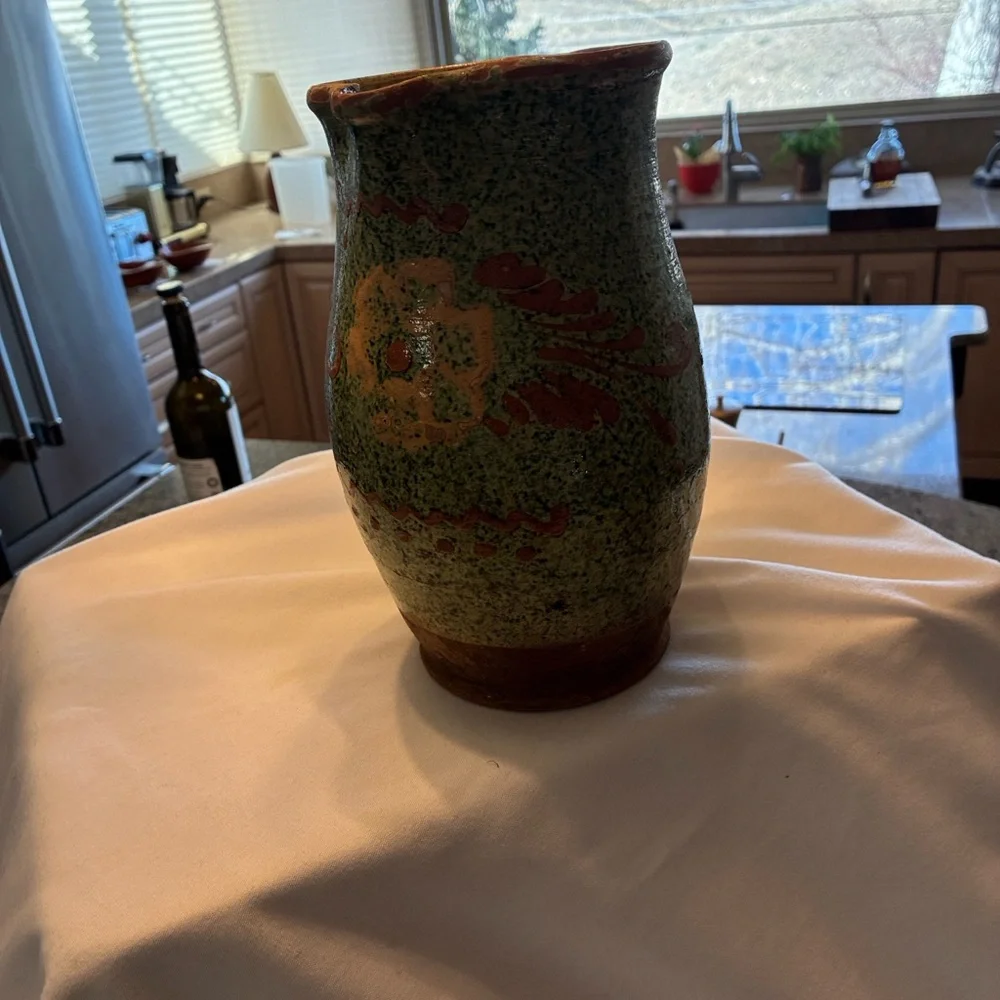 Italian ceramic pitcher rustic or folk art style, speckled green glaze Red Clay